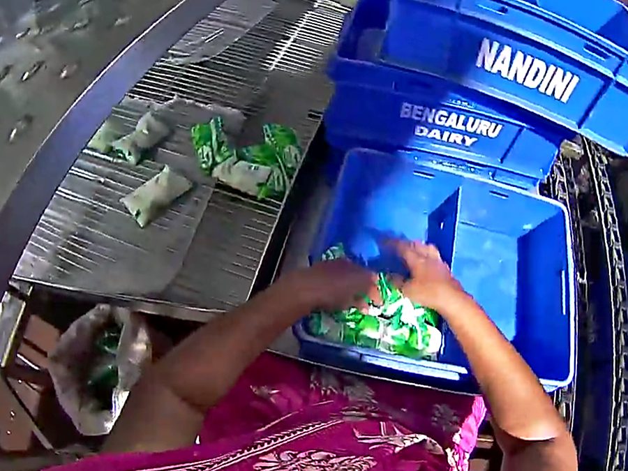 Hands loading packed sachets from a conveyor into a stacking crate.